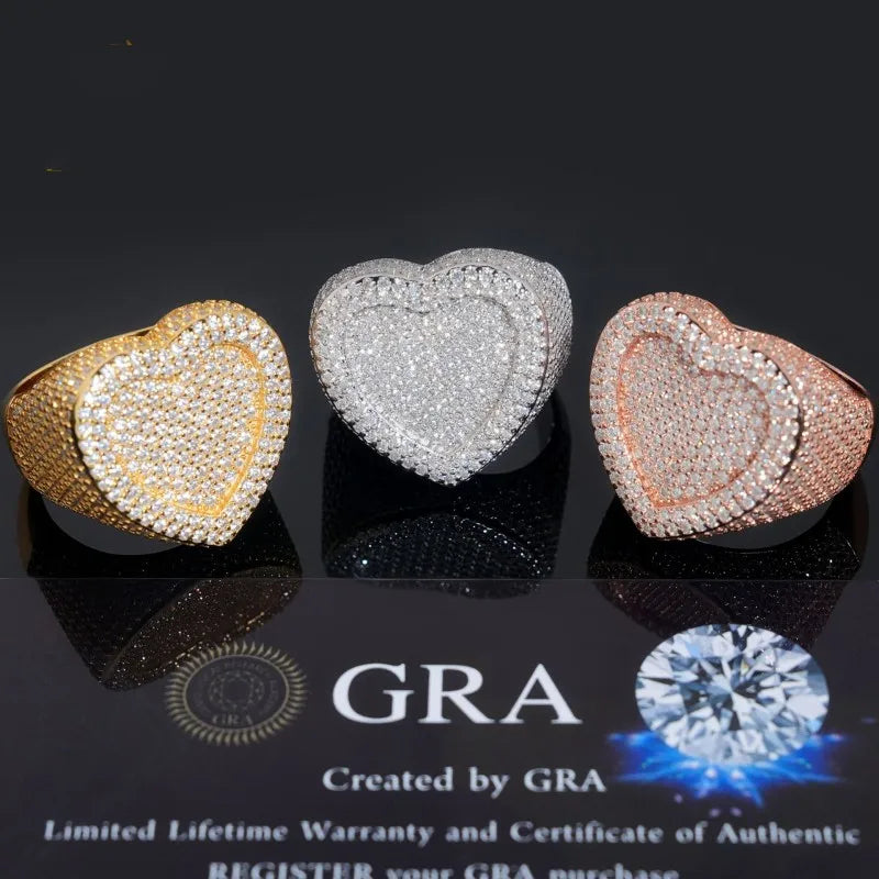 LOVE ALL CAPS | 925 Solid Sterling Silver Luxury D Color Moissanite Diamond Heart Bling Ring