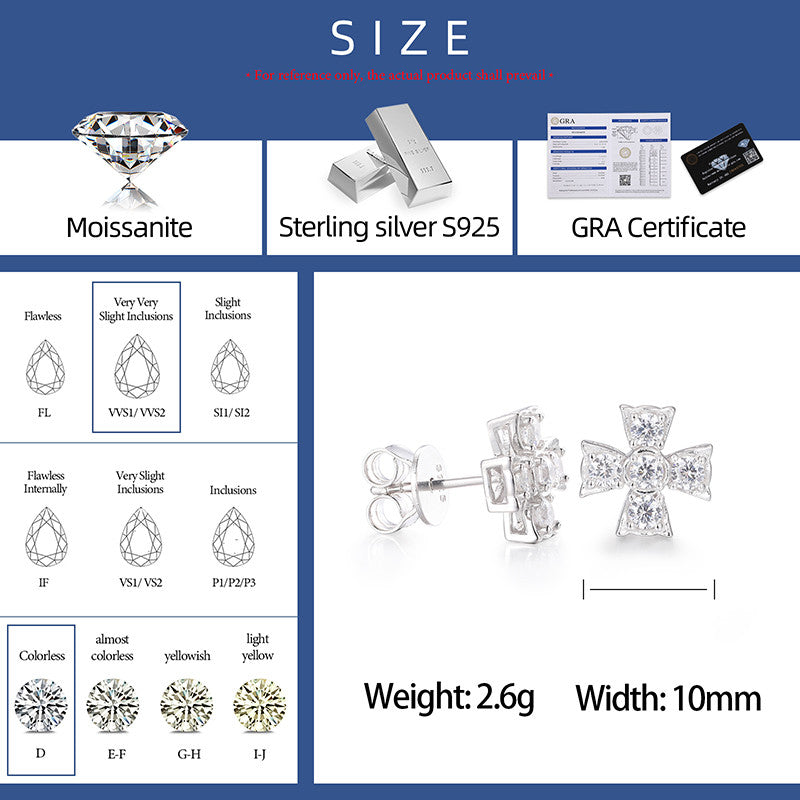 Radiant Cross Moissanite Diamond Solid 925 Sterling Silver White Gold Hip Hop Earrings