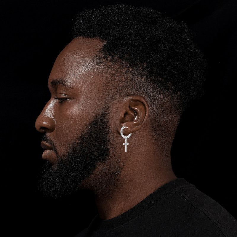 Crossed Huggie | Solid Sterling Silver VVS Diamond CZ Stone Cross Hoop Hip Hop Earrings