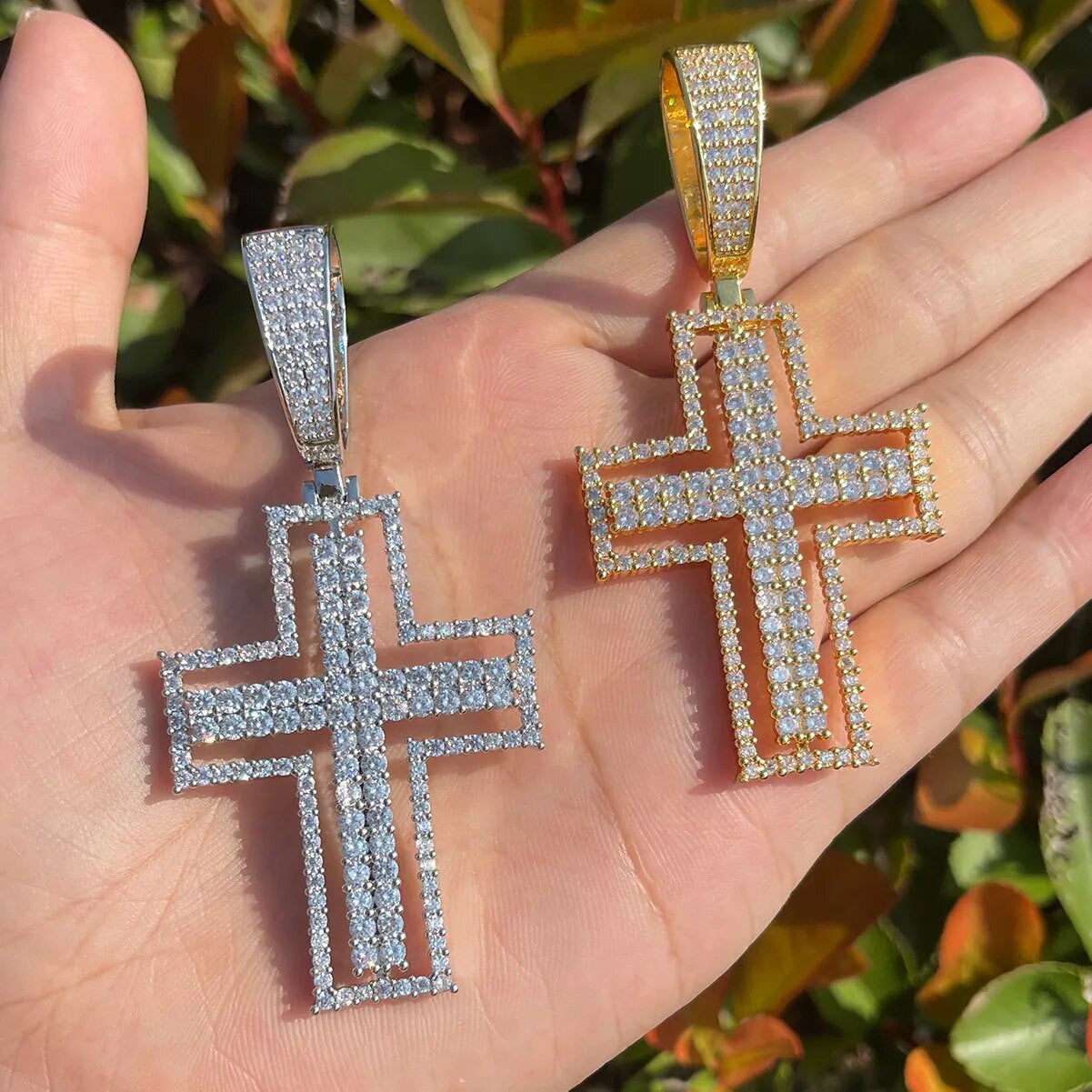 Mens Hollow Outlined 2 Row Prong Set Unique Hip Hop Cross Pendant