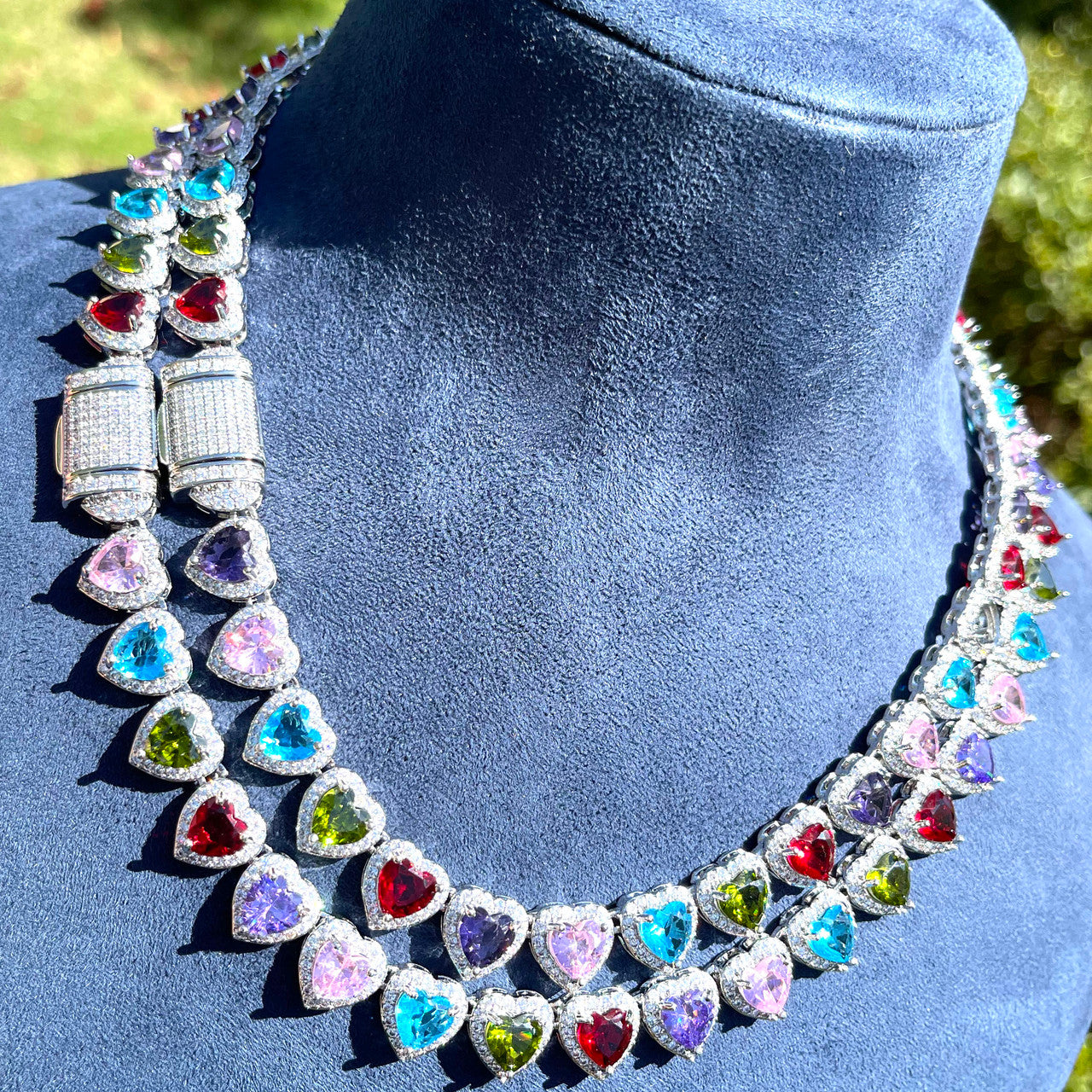 Love Burst | Heart Shape Colorful Cluster Gemstone Iced Tennis Chain Necklace