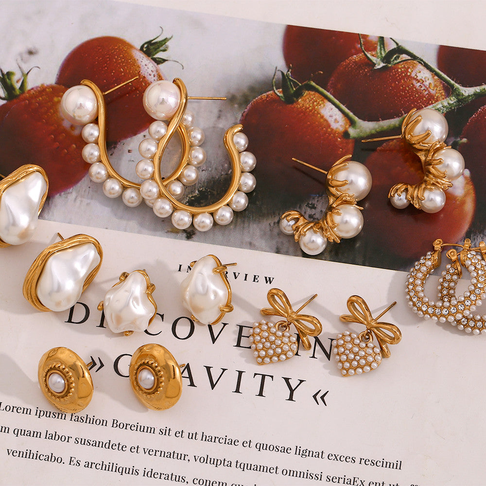 Ladies 10 styles Imitaion Pearl 18k Gold Waterproof Stainless Steel Earrings