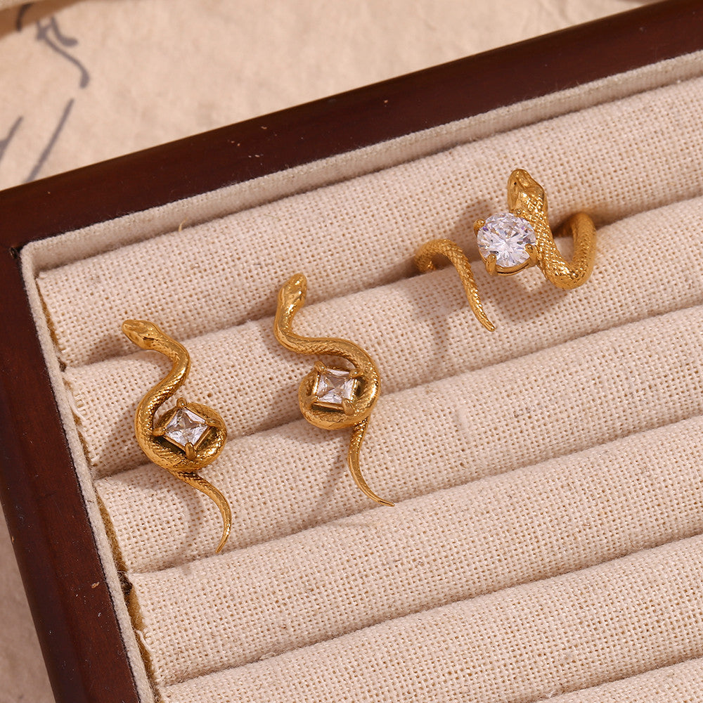 18k Gold Square Zirconium Snake Shaped Stainless Steel Rings