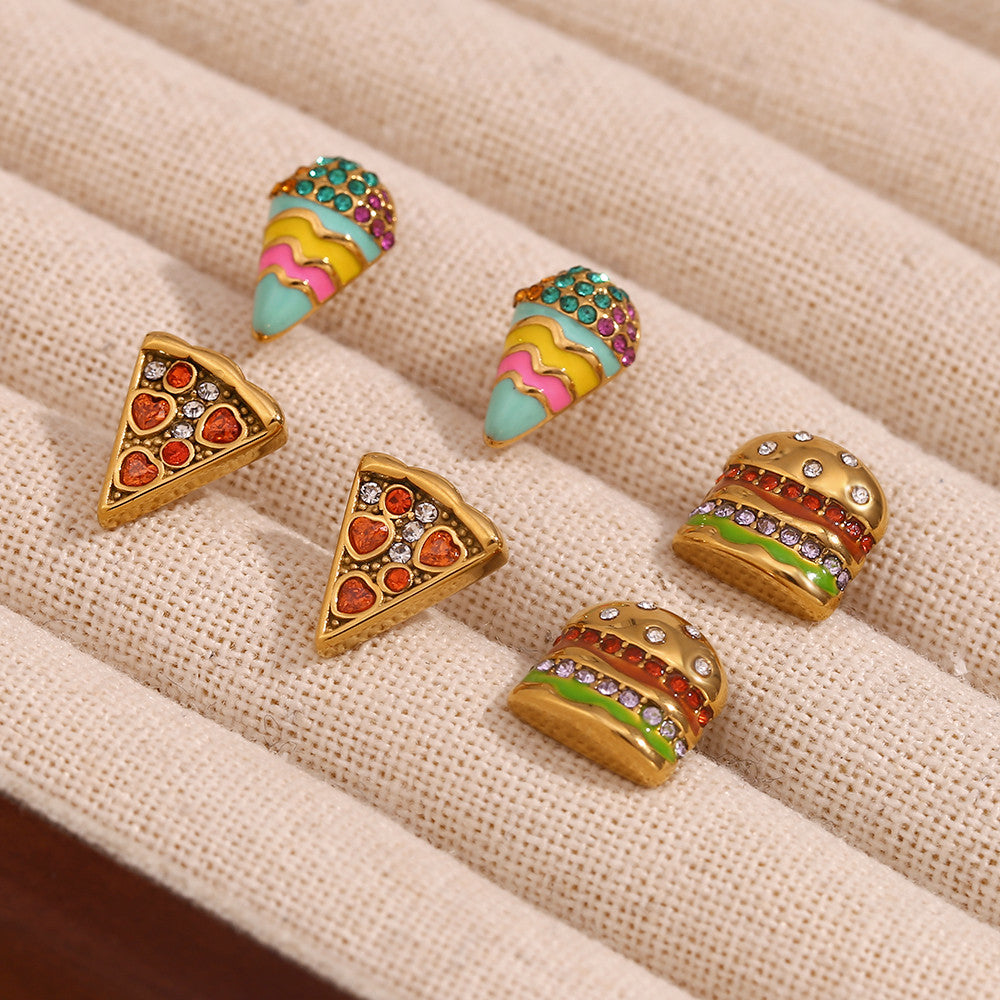 Ladies 18k Gold No Fade Summer Sweet Color Series Sandwich Pizza Ice Cream Earrings