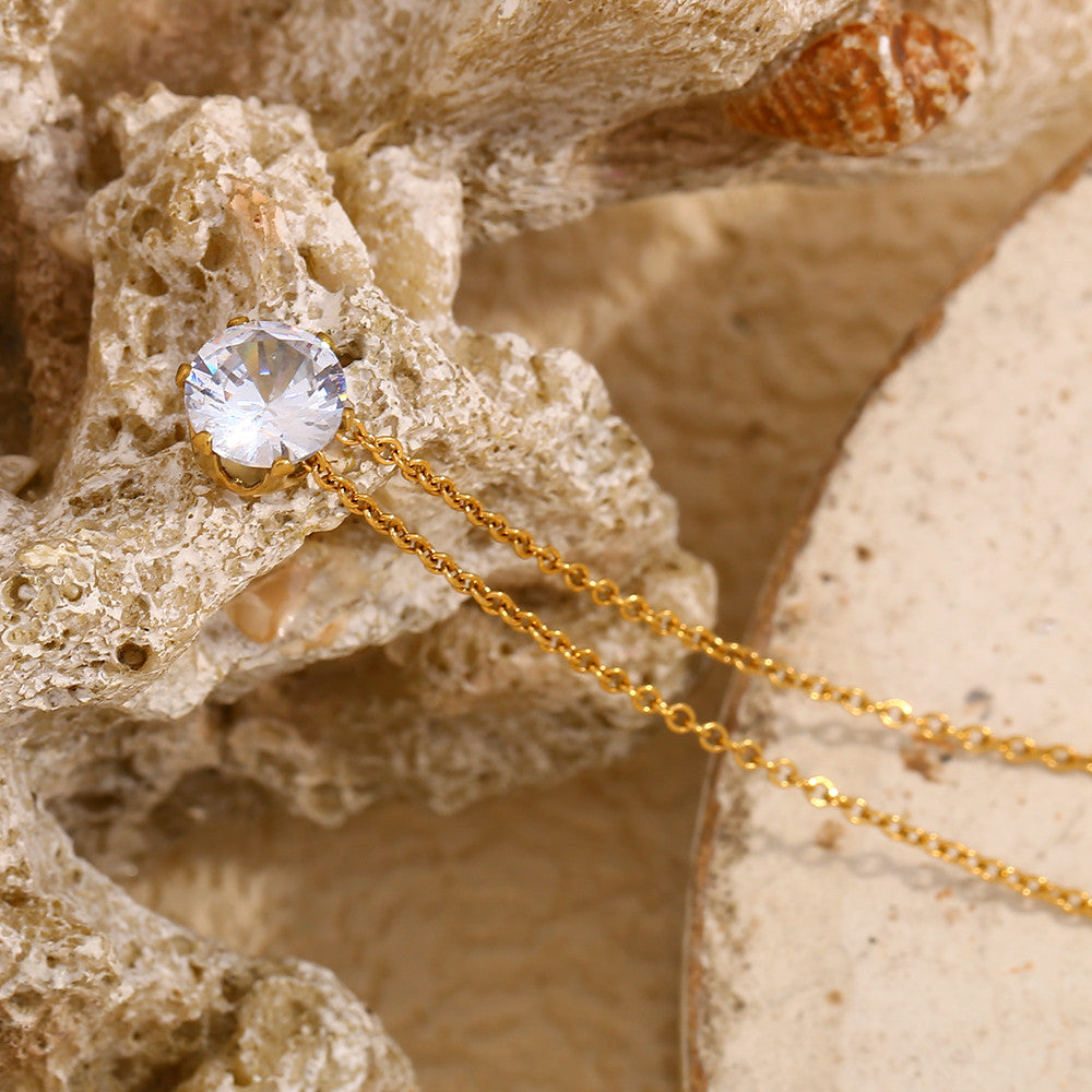 Stainless Steel 18k Gold 3A Zircon Bling Stone Crown Waterproof Pendant Necklace