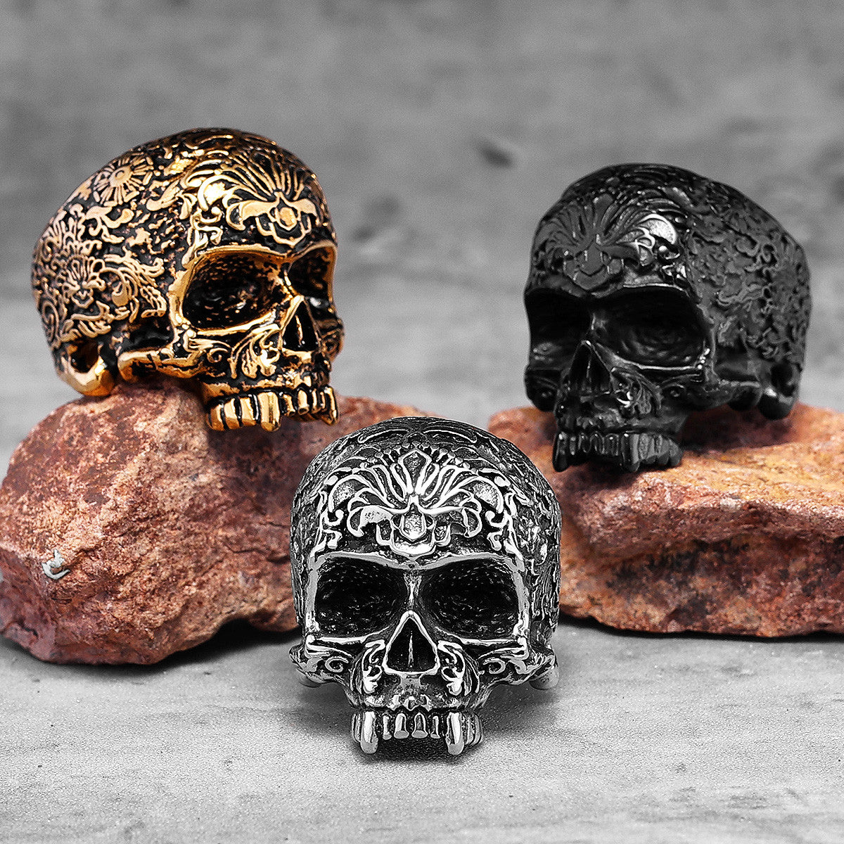 Mens Vintage Vampire 316L Stainless Steel Street Wear Carved Skull Rings