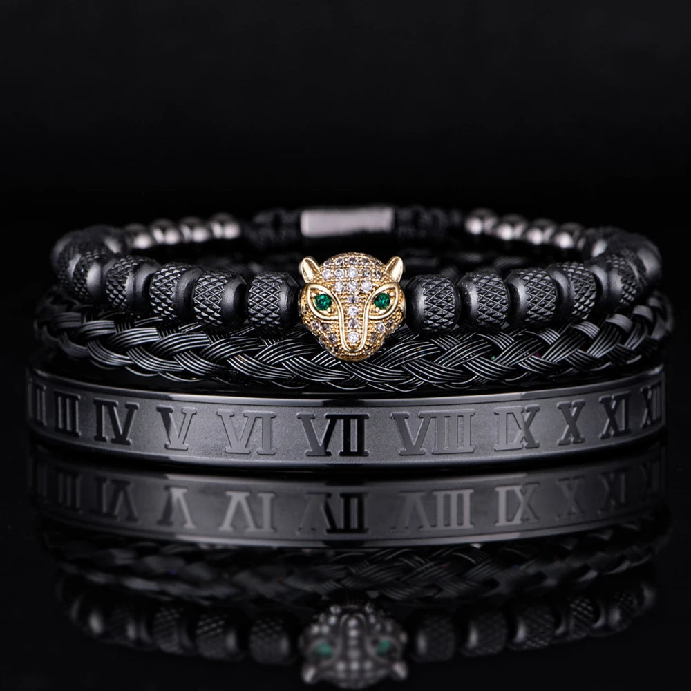 Men's Luxury Leopard Eye Roman Numeral Bangle VVS Diamond CZ Bling Bracelets