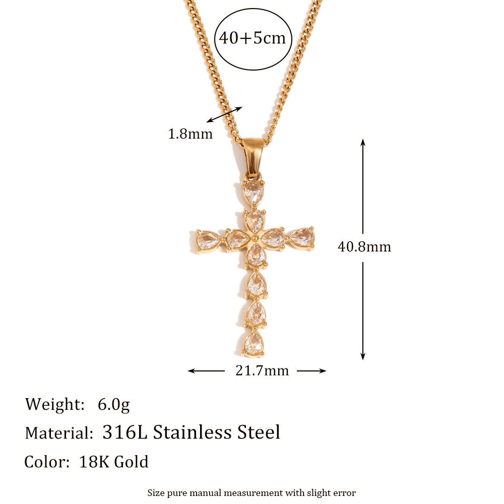 18k Gold Stainless Steel Luxury Colored CZ Cross Pendant Bling No Tarnish Women's Necklace