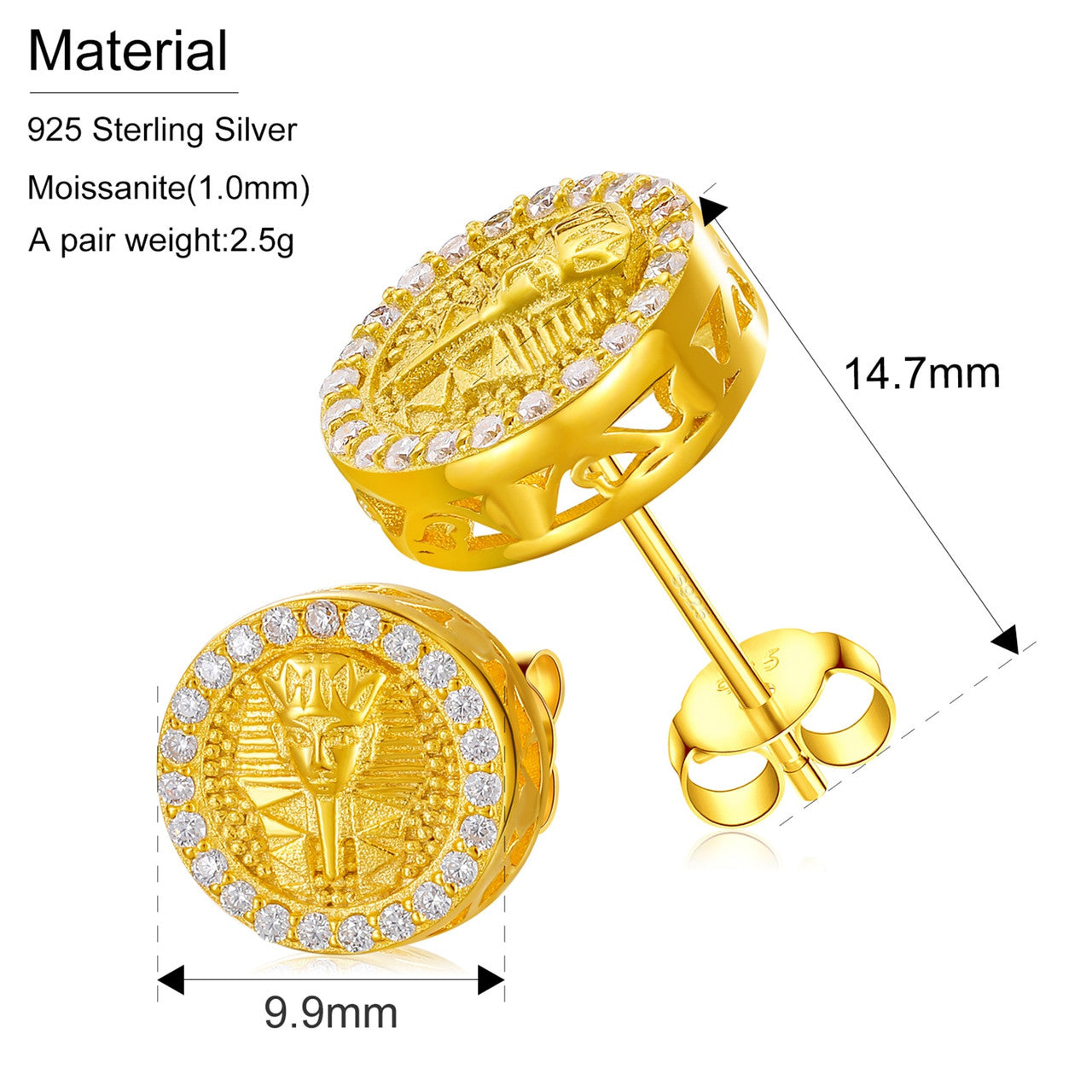 Mens 18k Gold 925 Sterling Silver Flooded Ice Lab Diamond Hip Hop Pharaoh Iced Earrings