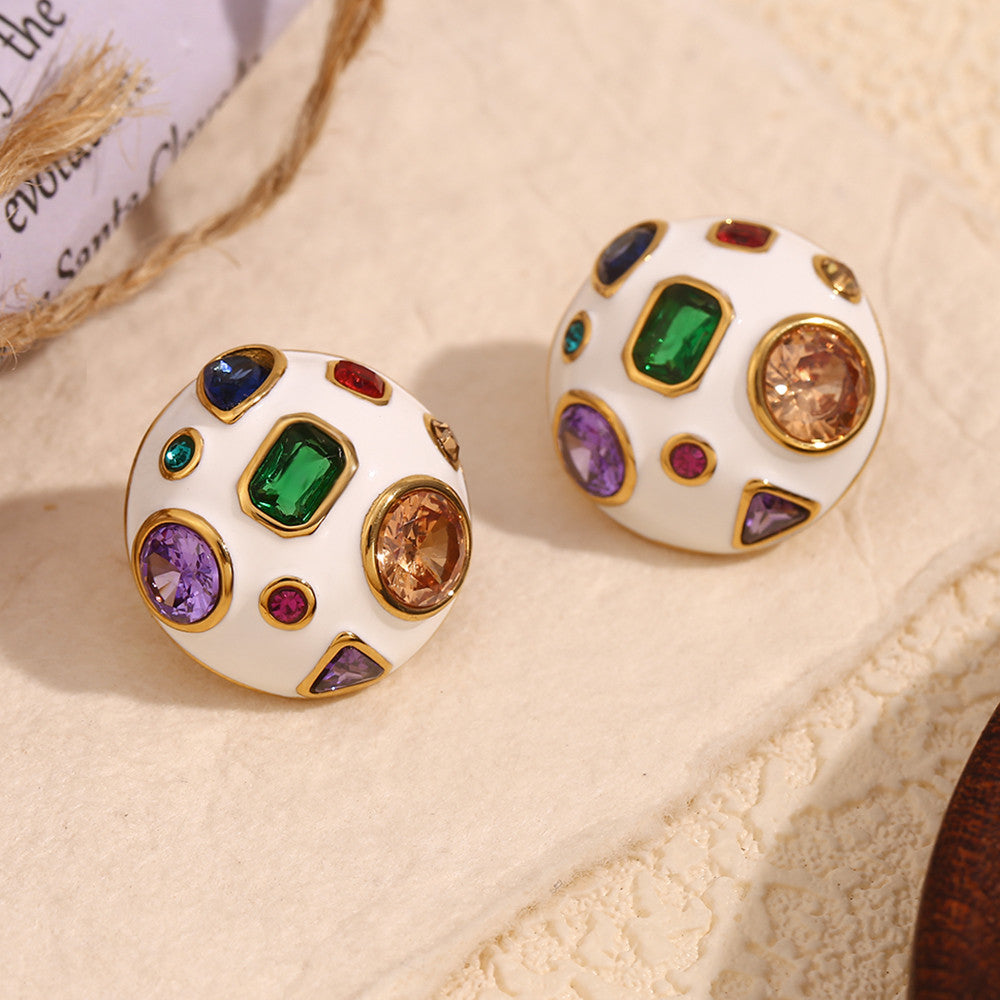 18k Gold Stainless Steel Waterproof White Enameled Sphere CZ Stone Earrings