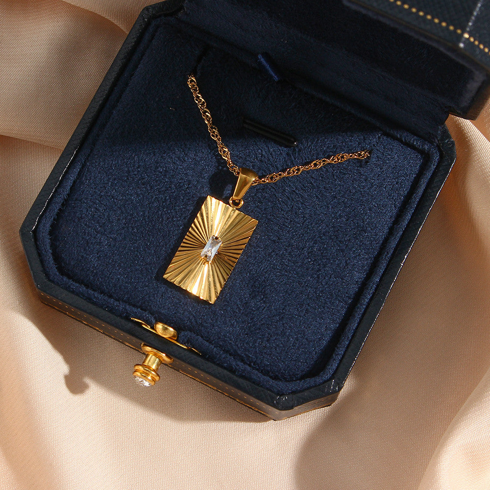 Sunburst 18k Gold Over Stainless Steel Waterproof Rectangle 316L Chain Necklace