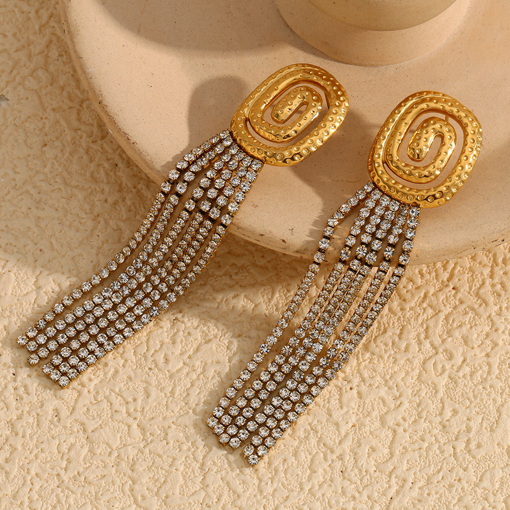 Ladies 18K Gold No Fade Stainless Steel Luxury Vortex Ful CZ Tassel Earrings