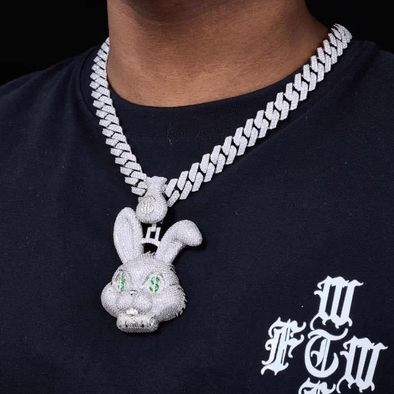 Fast Money | Iced Blinged Out Money Bag Rabbit 925 Silver Moissanite Hip Hop Pendant