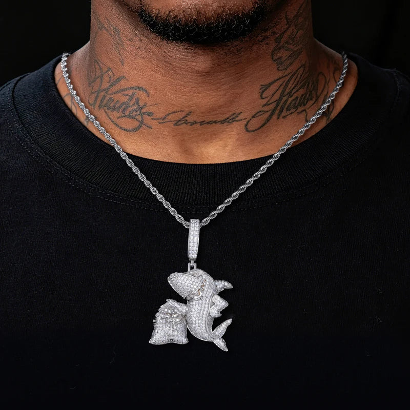 Hustler Shark | 925 Sterling Silver Iced Blinged Out Out Moissanite Shark Money Bag Pendant