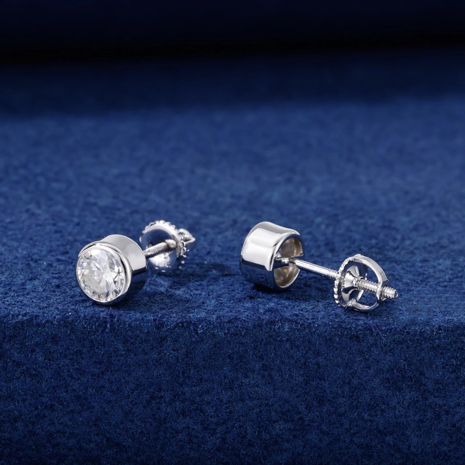 The Bezel | Round Moissanite Diamond Stud Bezel Set Solid 925 Screw Back Earrings