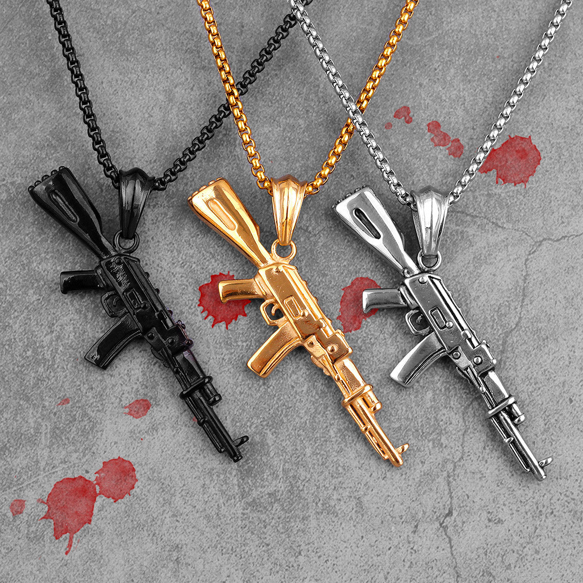 AK47 | No Fade 316L Stainless Steel Hip Hop 14k Gold Men's Gun Pendant Chain