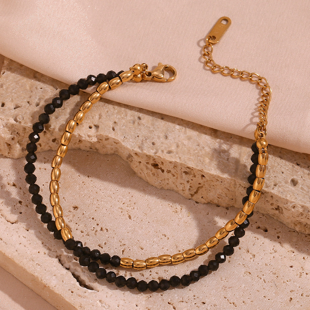 Layered Obsidian | 18k Gold No Fade Stainless Steel Beads Double Layers Wrap Necklace Bracelet Set