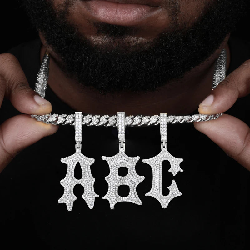 Ancient Text | Solid 925 Sterling Silver Moissanite Diamond Initial Letter Hip Hop Pendants