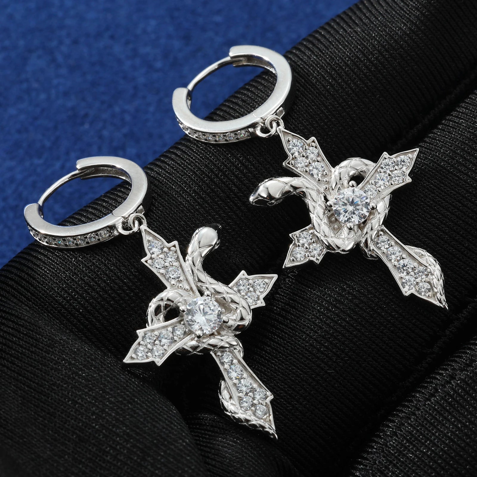 Serpent Arrow Cross | Iced Blinged Out Moissanite Diamond Huggie Dangle 925 Silver Earrings
