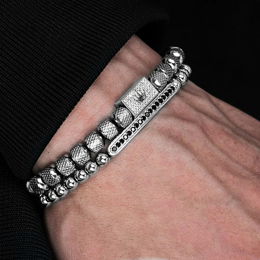 Mens Kings Crown 2 Piece Stainless Steel Simulate Diamond Bracelet Set