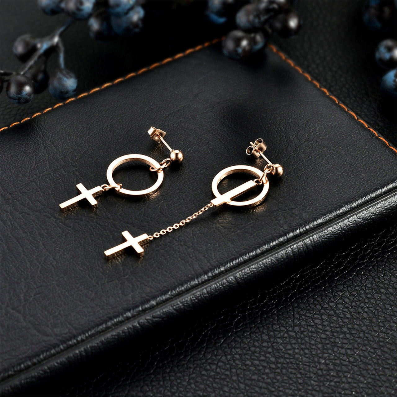 Ladies No Fade Stainless Steel Cross Circle Dangling Earrings