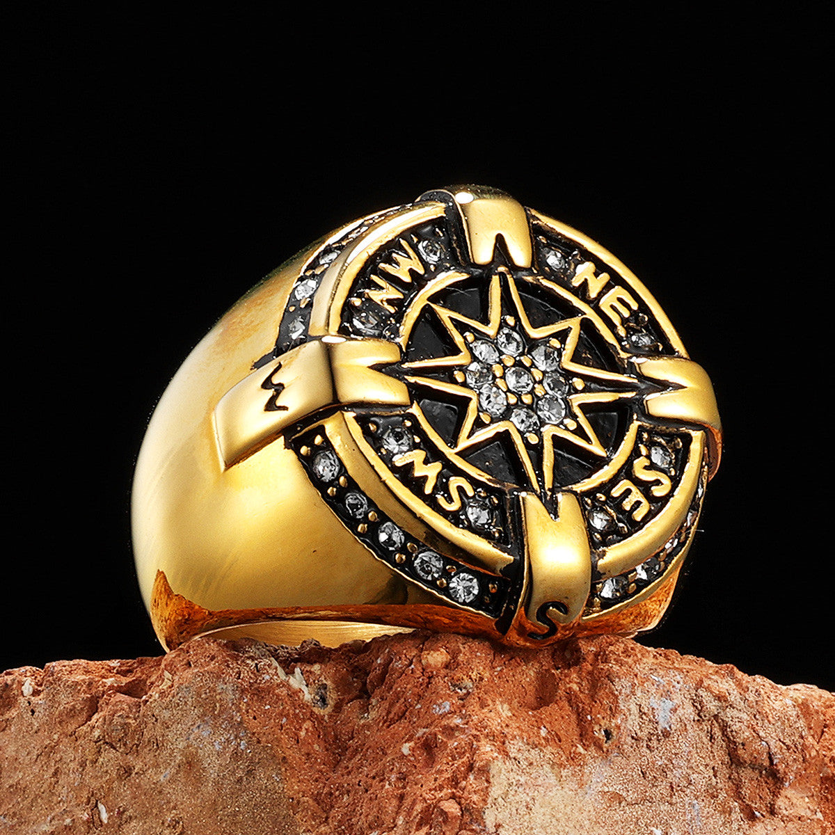 Luxury Compass | 14k Gold Over No Fade Stainless Steel CZ Men's Navigator Rings