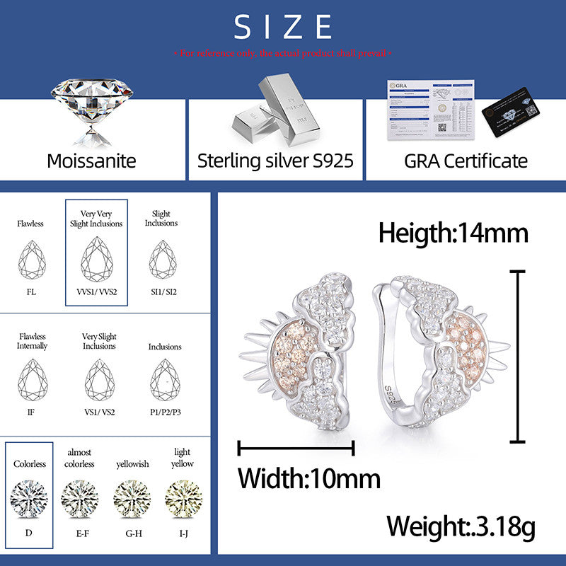 Sunny Clouds | Sterling Silver Moissanite Diamond Sun Rays Clouds Clip On Earrings