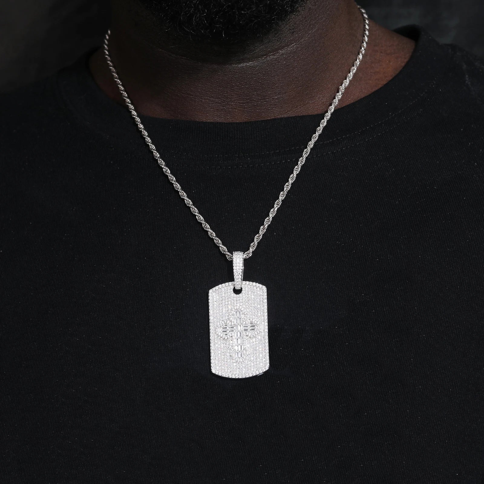 Tagged Baguette Cross | Moissanite Diamond Solid 925 Silver Hip Hop Dogtag Pendant