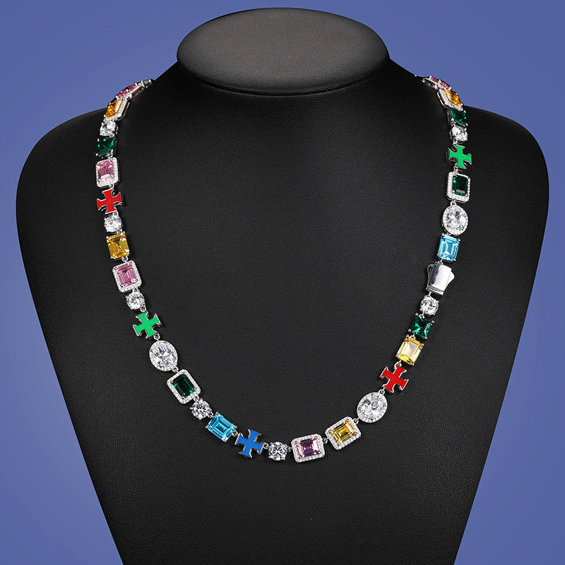 Exquisite Templar Cross Colorful Gemstone Solid 925 Silver Chain Necklace Bracelets