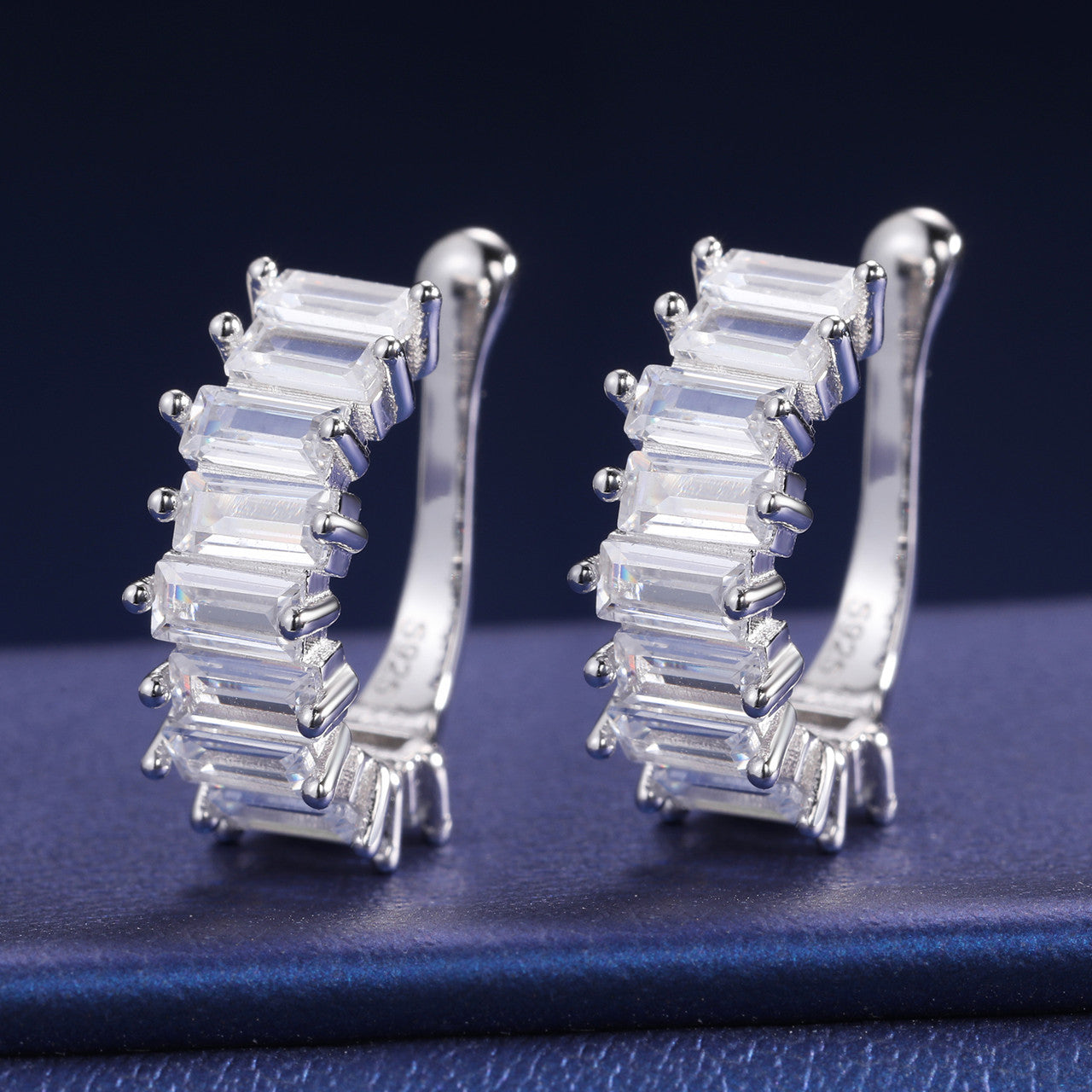 Clip On Solid 925 Silver Moissanite Diamond Baguette Bling Non-Piercing Stud Hip Hop Earrings