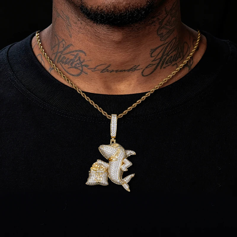 Hustler Shark | 925 Sterling Silver Iced Blinged Out Out Moissanite Shark Money Bag Pendant