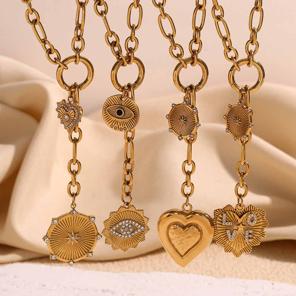 18k Gold Over Solid No Fade Stainless Steel O-Shape Chain Star Heart Eye Tassel Necklace