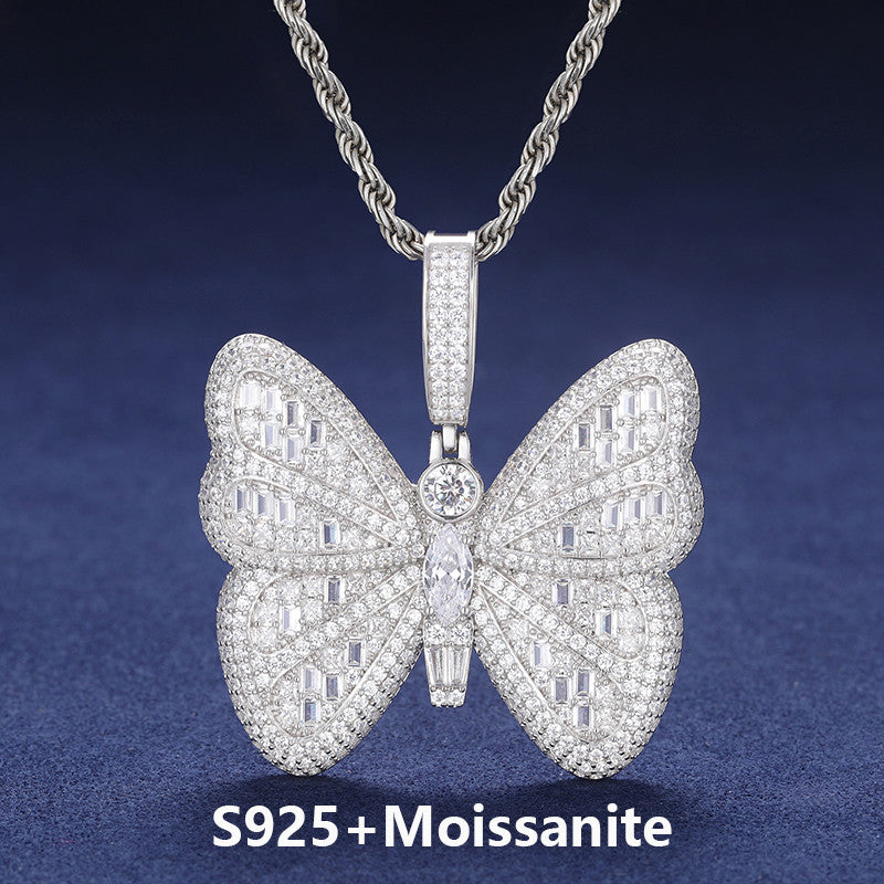 Iced Blinged Out Moissanite Diamond Sterling Silver Butterfly Hip Hop Pendant Necklaces