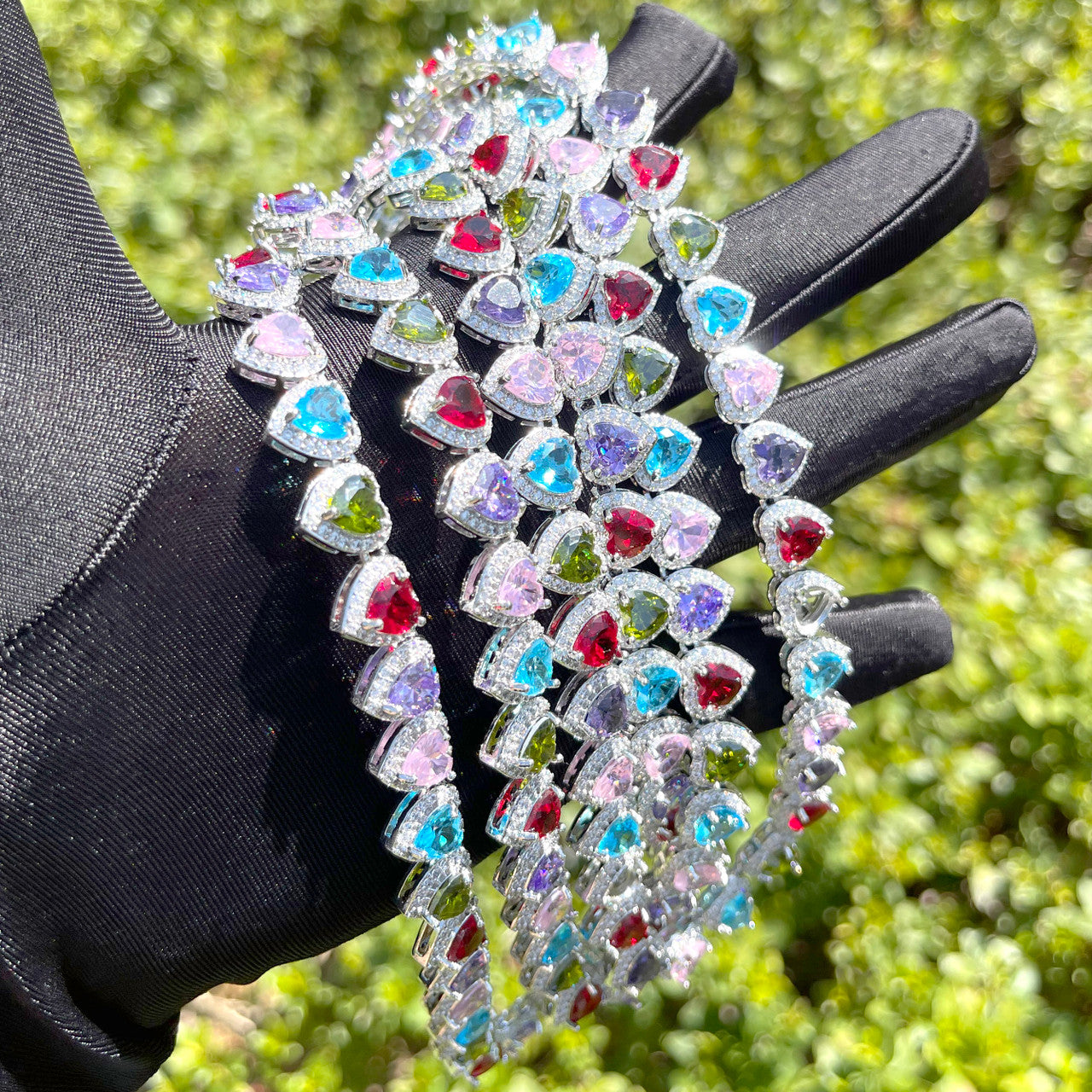 Love Burst | Heart Shape Colorful Cluster Gemstone Iced Tennis Chain Necklace