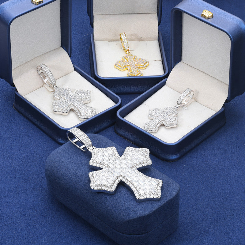 Cross Shield | Solid 925 Sterling Silver Moissanite Diamond Baguette Hip Hop Pendant