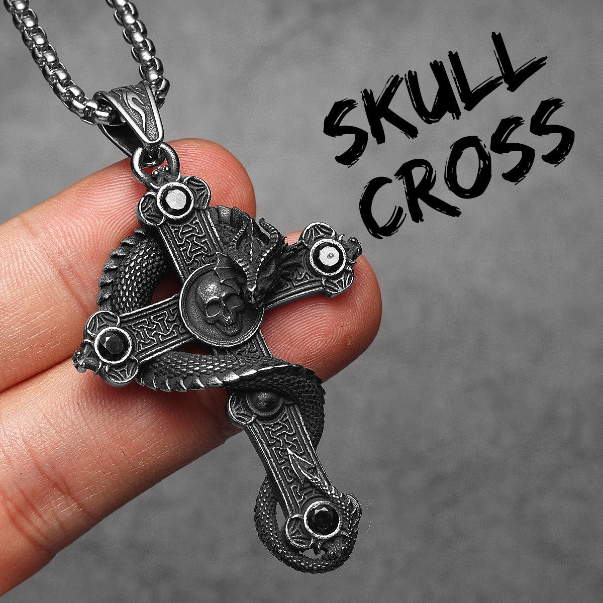 Skull Serpent Cross | 316L Shadow Skull No Fade Stainless Steel Gemstone Cross Pendant