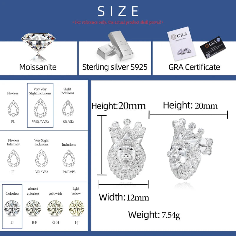 Protect The Throne | Moissanite Diamond Hip Hop Lion King Stud Bling 925 Silver Earrings