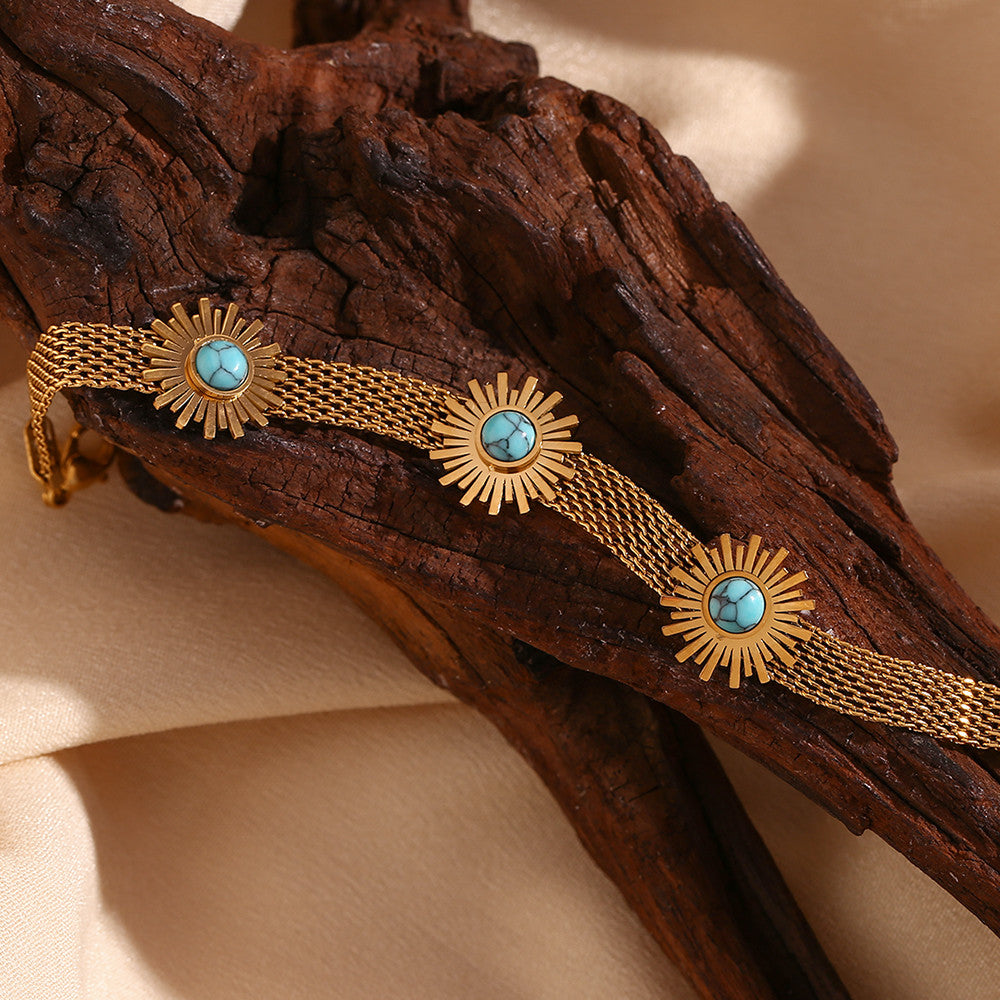 18k Gold Solid Stainless Steel Waterproof Blue Turquoise Sunflower Woven Mesh Chain Bracelet