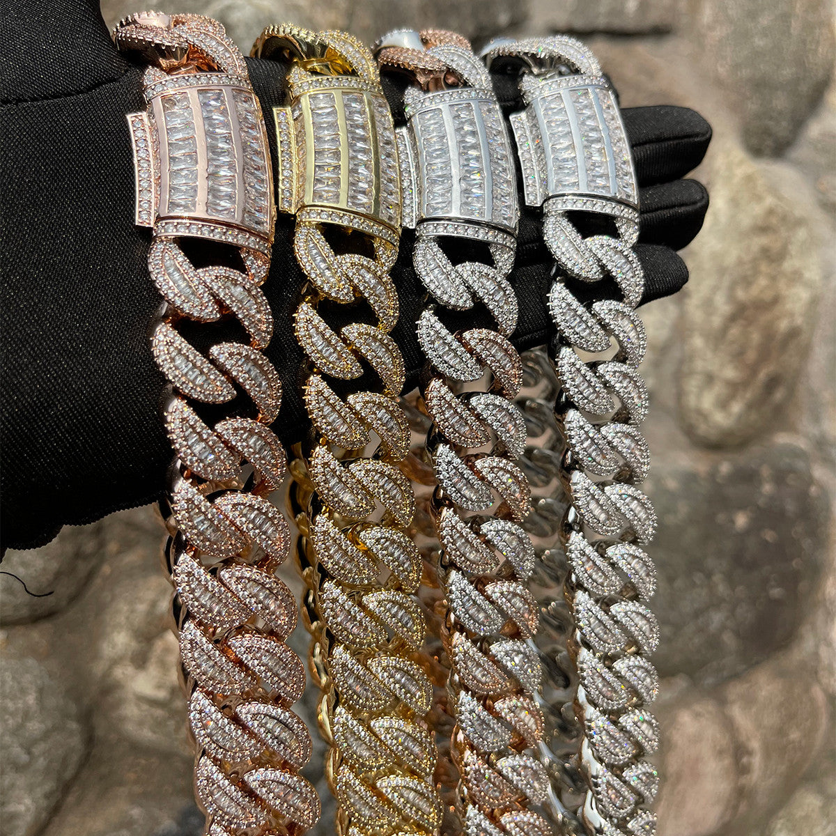 Mens Iced Blinged Out Baguette Clasp Hip Hop Cuban Link Starboy Chain Necklace