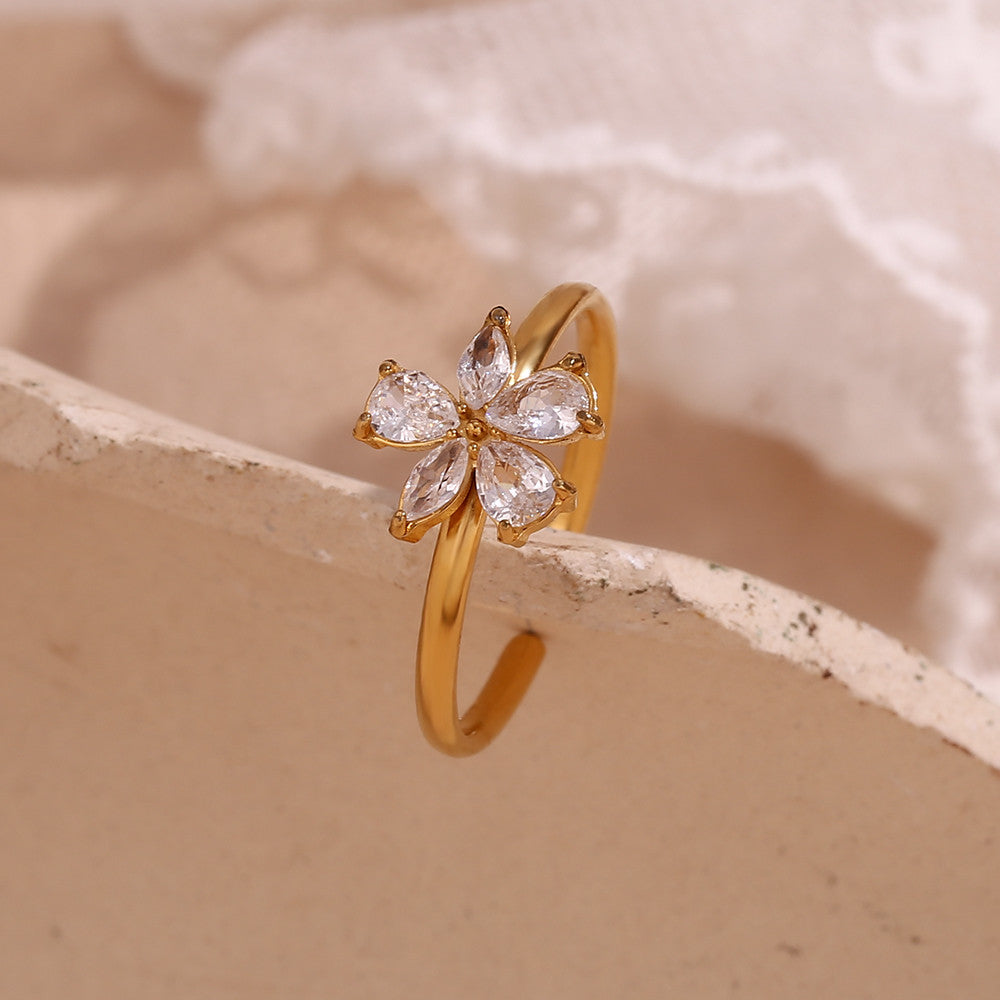 White Zircon Five petal Flower Opening 18k Gold Waterproof Stainless Steel Ring