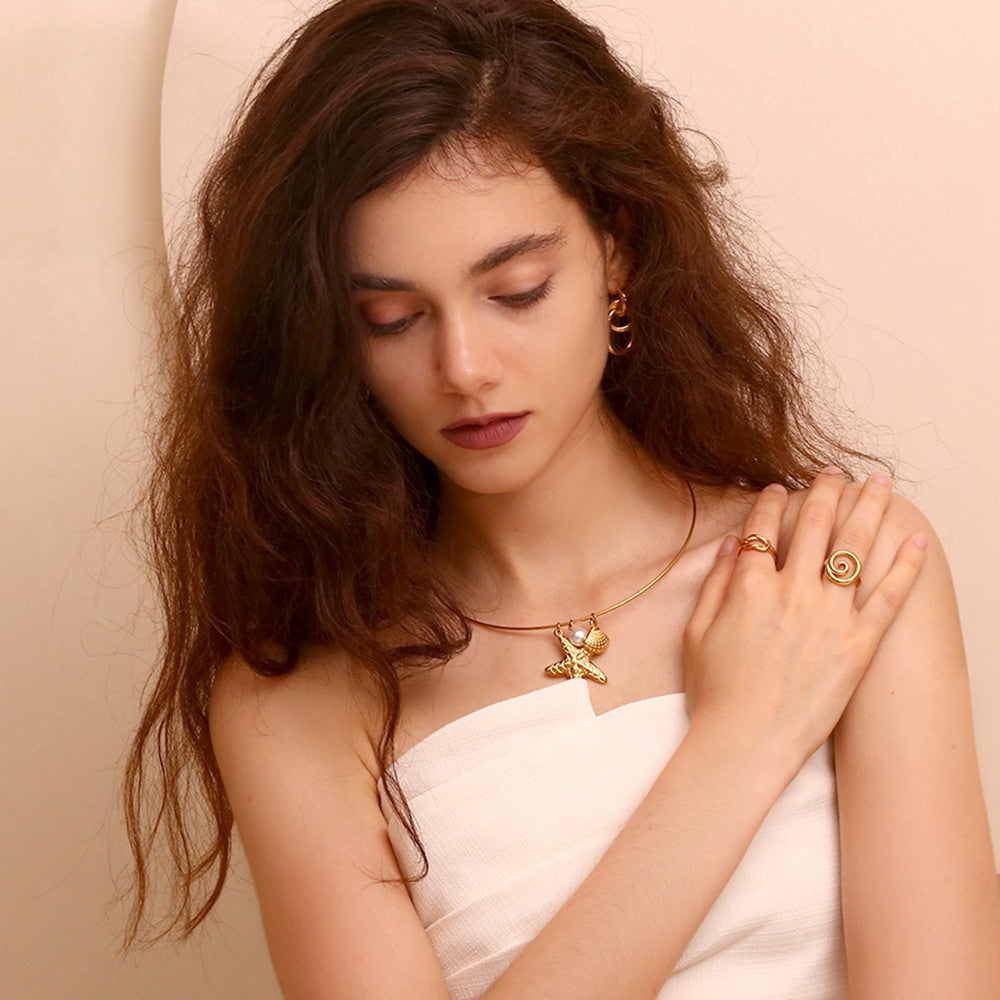 Solid Stainless Steel Starfish Scallop Pearl Waterproof 18k Gold Pendant Chain Necklace