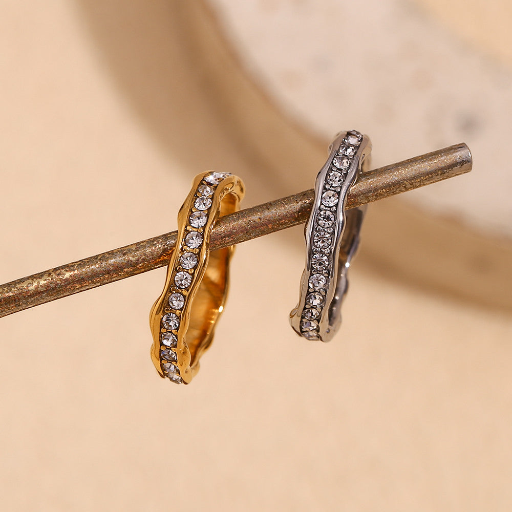 Women's Irregular Wave Pattern CZ Stone 18k Gold Silver No Fade Waterproof Rings