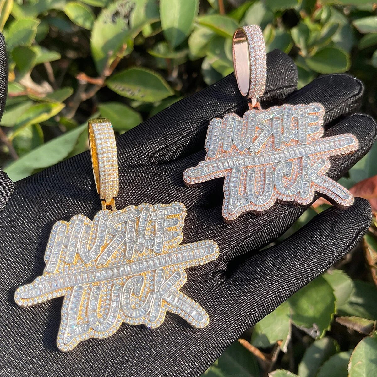 Mens Hip Hop Name Plate Hustle Over Luck Iced Blinged Out Jewelry Pendant