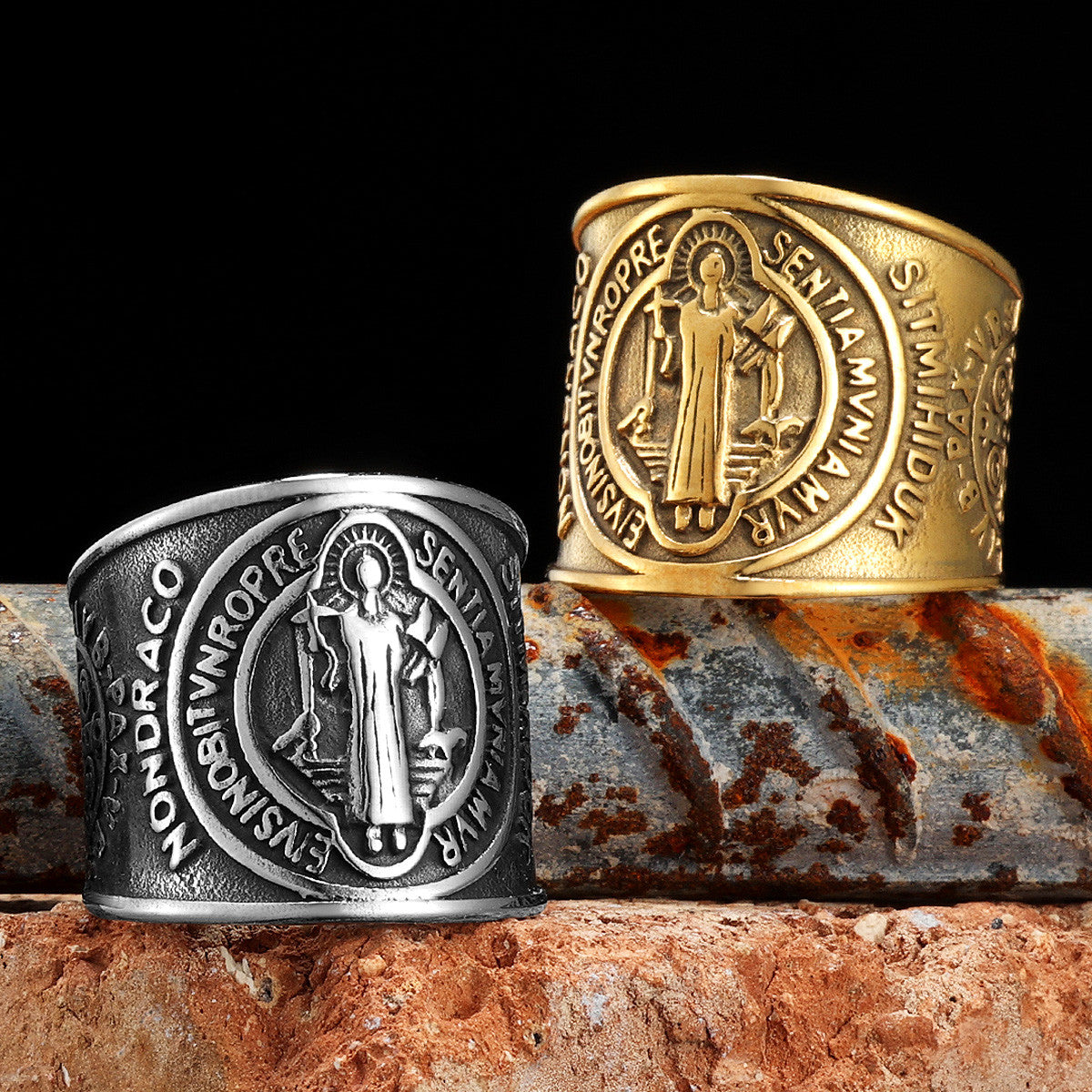 Saint Benedict | 14k Gold Over Solid No Fade Stainless Steel Exorcism Amulet Men Ring