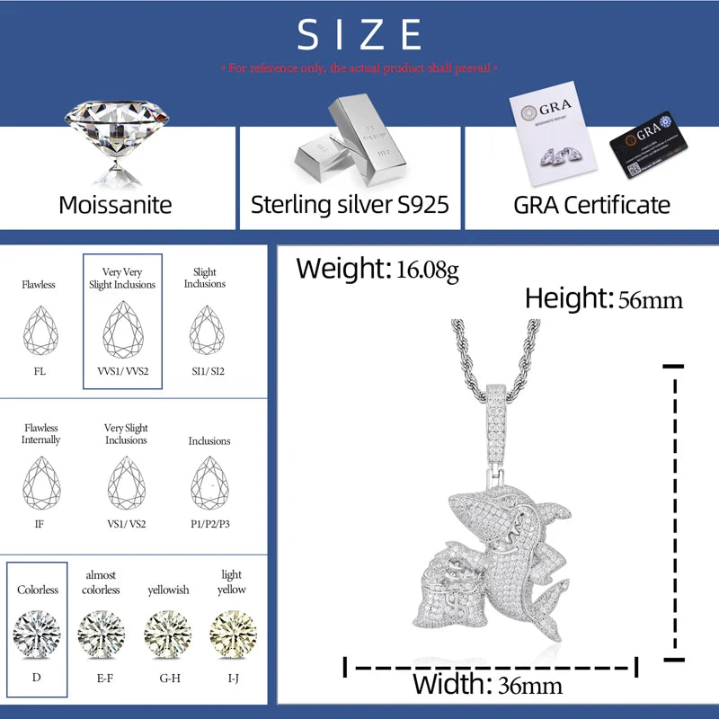 Hustler Shark | 925 Sterling Silver Iced Blinged Out Out Moissanite Shark Money Bag Pendant