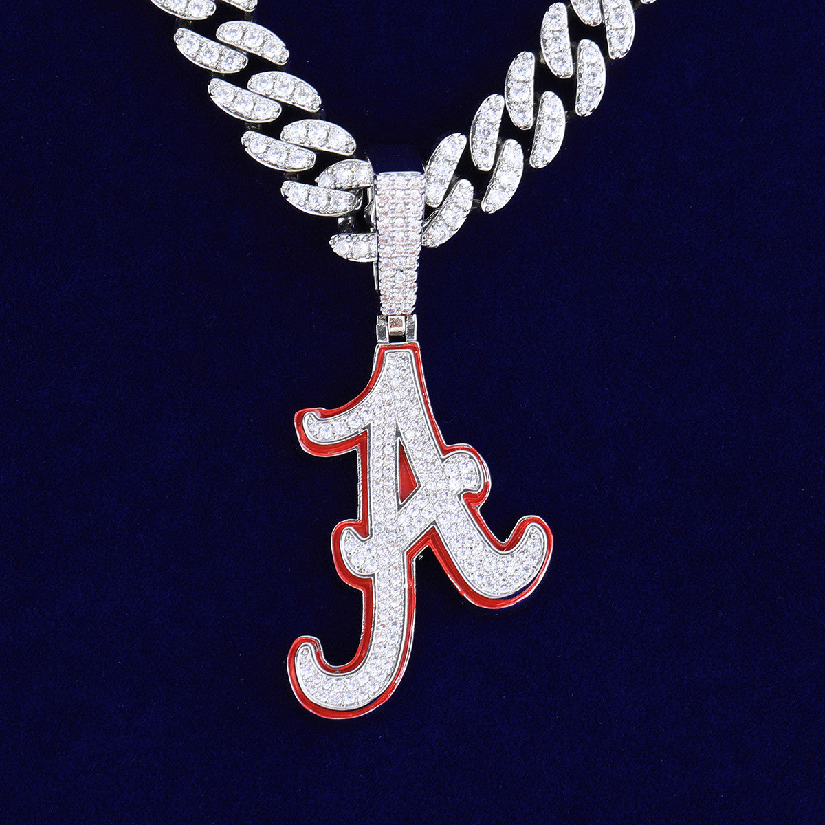 Initial A | Red Oil VVS Diamond CZ Hip Hop Cursive A Prong Set Stone Pendant