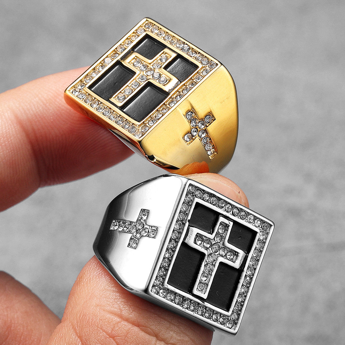 Iced Cross | 14k Gold over No Fade Stainless Steel Hip Hop Cross Blinged Out Rings