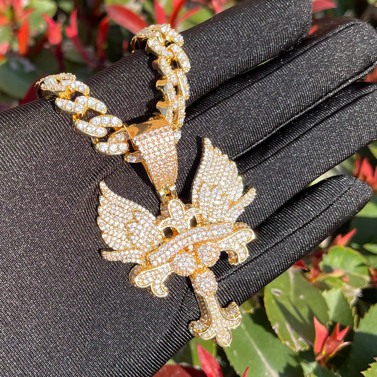 The Self Righteous | Fleur De Lis Winged Iced Blinged Out 24k Cross Pendant