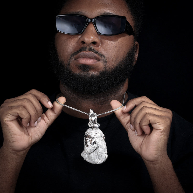 Child Of the King | Solid Sterling Moissanite Diamond Prayer Hands Jesus Piece Chain