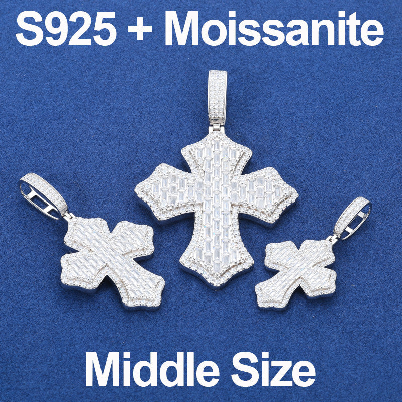 Cross Shield | Solid 925 Sterling Silver Moissanite Diamond Baguette Hip Hop Pendant